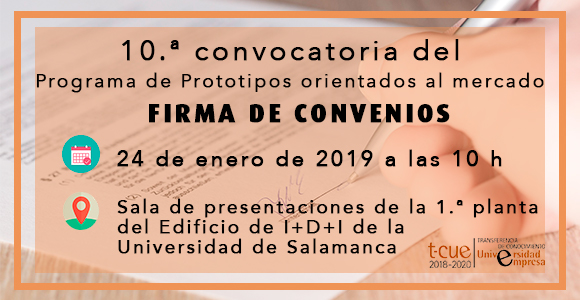 La firma de los convenios para el inicio de los proyectos tendrá lugar el jueves 24 de enero a las 10:00 horas en la sala de presentaciones de la 1.ª planta del Edificio de I+D+I de la Universidad de Salamanca (C/ Espejo, 2. 37007-Salamanca). 