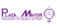 letras moradas: logotipo PLAZA MAYOR: Asociación de Ayuda a la Mujer